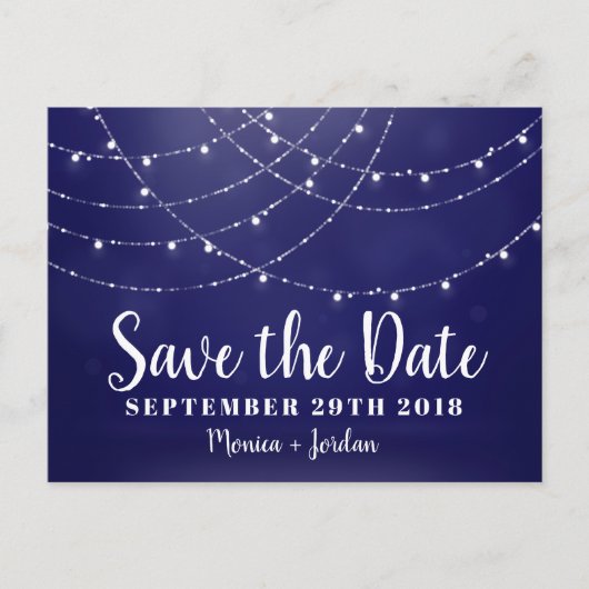 Glam White Fairy Lights Blauw SAVE THE DATE Aankondigingskaart (Voorkant)