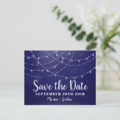 Glam White Fairy Lights Blauw SAVE THE DATE Aankondigingskaart (Staand voorkant)