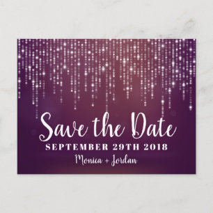 Glam White Fairy Lights roze paarse SAVE THE DATE Aankondigingskaart