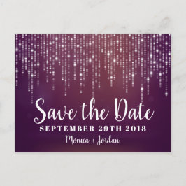 Glam White Fairy Lights roze paarse SAVE THE DATE Aankondigingskaart