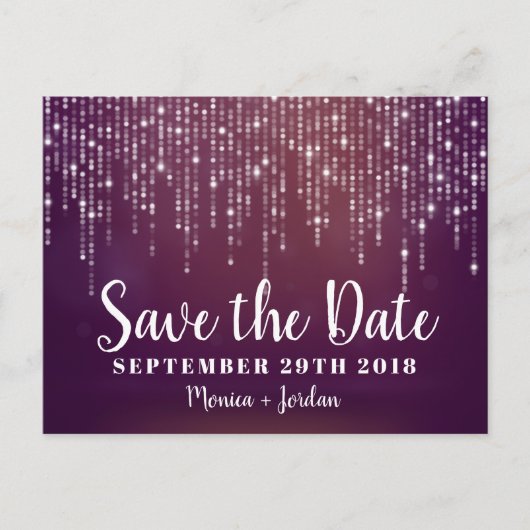 Glam White Fairy Lights roze paarse SAVE THE DATE Aankondigingskaart (Voorkant)
