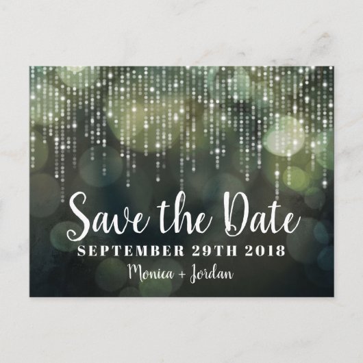 Glam White Fairy Lights zwart groen SAVE THE DATE Aankondigingskaart (Voorkant)