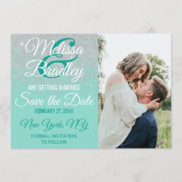 Glam White Glitter Schitterende Teal Save the Date Kaart