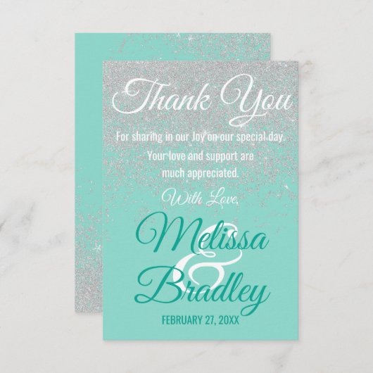 Glam White Glitter Sparkles Blauwgroen Bedankt (Voorkant / Achterkant)