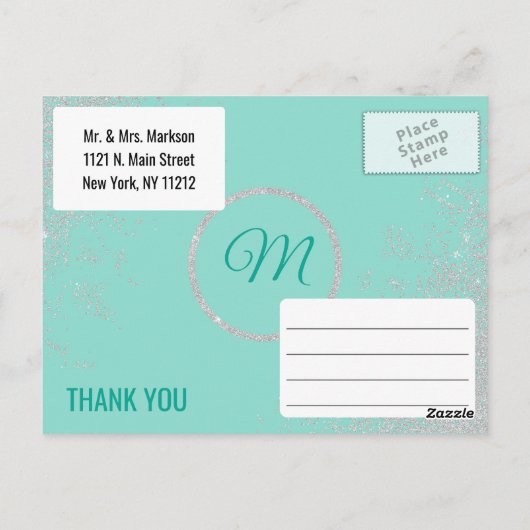 Glam White Glitter Sparkles Blauwgroen Bedankt Briefkaart (Achterkant)