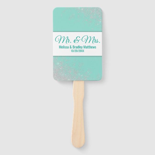 Glam White Glitter Sparkles Blauwgroen bruiloft pr Handwaaier (Voorkant)