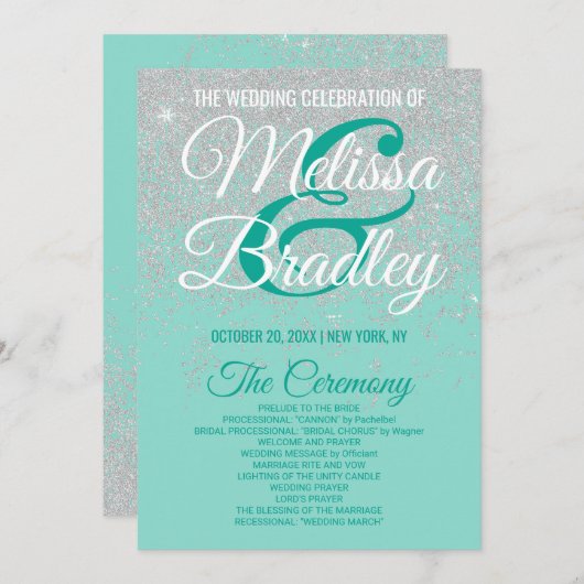 Glam White Glitter Sparkles Blauwgroen bruiloft pr Programmakaart (Voorkant / Achterkant)
