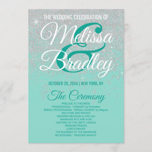 Glam White Glitter Sparkles Blauwgroen bruiloft pr Programmakaart (Voorkant)