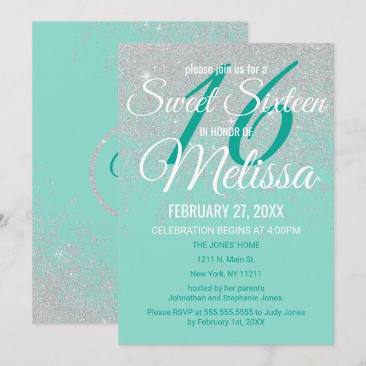 Glam White Glitter Sparkles Blauwgroen Sweet 16 Kaart (Voorkant / Achterkant)