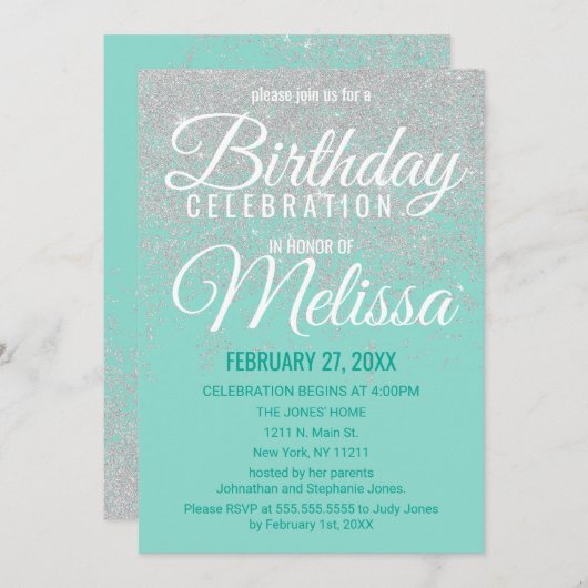 Glam White Glitter Sparkles Blauwgroen Verjaardags Kaart (Voorkant / Achterkant)