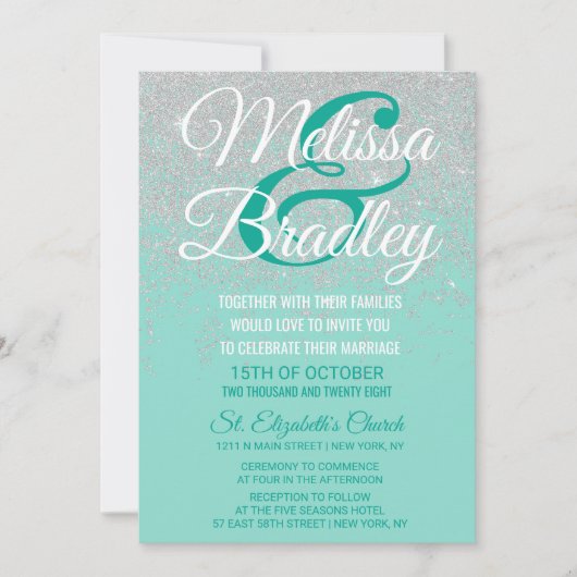 Glam White Glitter Sparkles Blauwgroen Weddenschap Kaart (Voorkant)