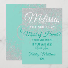 Glam White Glitter Sparkles Teal Trouwgetuige Kaart