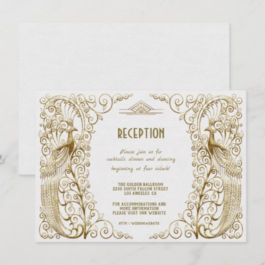 Glam White Gold Art Deco Pauw Huwelijksreceptie Kaart (Voorkant / Achterkant)