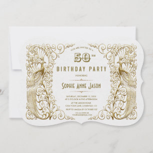 Glam White Gold Art Deco Pauwen 50e Verjaardag Kaart