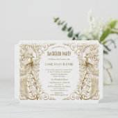 Glam White Gold Art Deco Pauwen Bachelor Party Kaart (Staand voorkant)