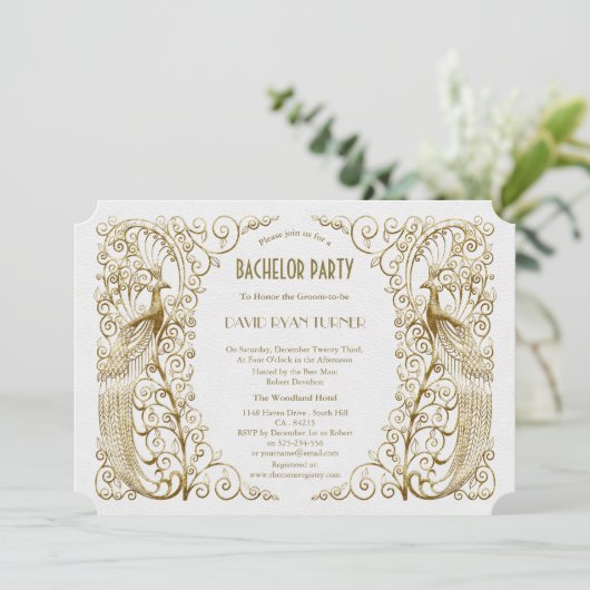 Glam White Gold Art Deco Pauwen Bachelor Party Kaart (Staand voorkant)