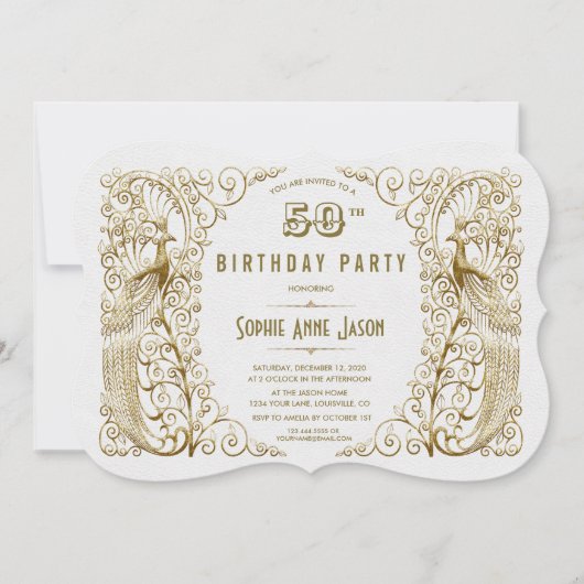Glam White Gold Art Deco Peacocks 50e verjaardag Kaart (Voorkant)