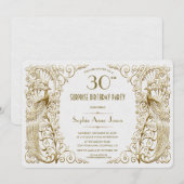 Glam White Gold Art Deco Peacocks Birthday Invite Kaart (Voorkant / Achterkant)