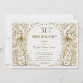 Glam White Gold Art Deco Peacocks Birthday Invite Kaart (Voorkant)