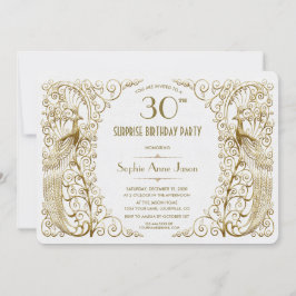Glam White Gold Art Deco Peacocks Birthday Invite Kaart