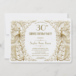 Glam White Gold Art Deco Peacocks Birthday Invite Kaart