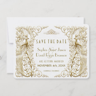 Glam White Gold Art Deco Peacocks sparen de datum Save The Date