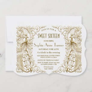 Glam White Gold Art Deco Peacocks Sweet Sixteen Kaart