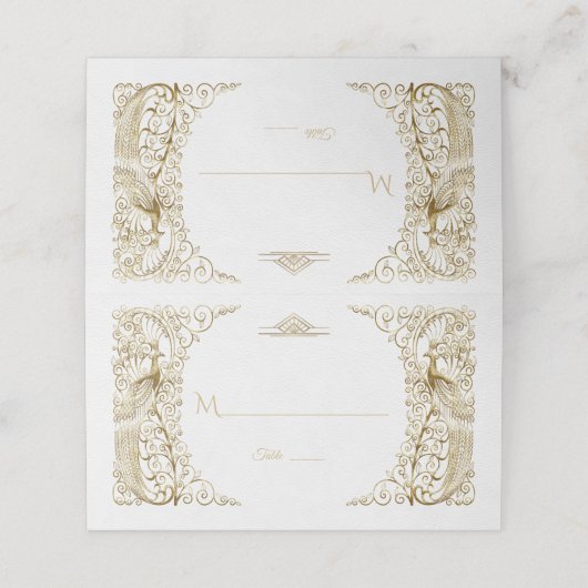 Glam White Gold Art Deco Peacocks Weddenschap Plaatskaartje (Buitenkant ongevouwen)