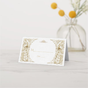 Glam White Gold Art Deco Peacocks Weddenschap Plaatskaartje