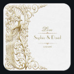 Glam White Gold Art Deco Peacocks Weddenschap Vierkante Sticker<br><div class="desc">Een elegant ontwerp met een combinatie van gouden kunstdecopauzes van oude wereldstijl en een gedurfde,  moderne grafische aanpak op een witte getextureerde achtergrond. Het gebruik past hulpmiddel aan om uw info toe te voegen. Ga voor overeenkomende objecten naar het Collectie White Gold Art Deco Peacocks.</div>
