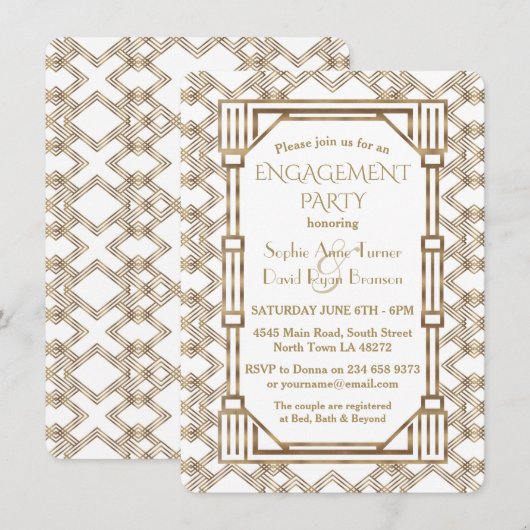 Glam White Gold Great Gatsby Engagement Party Kaart (Voorkant / Achterkant)