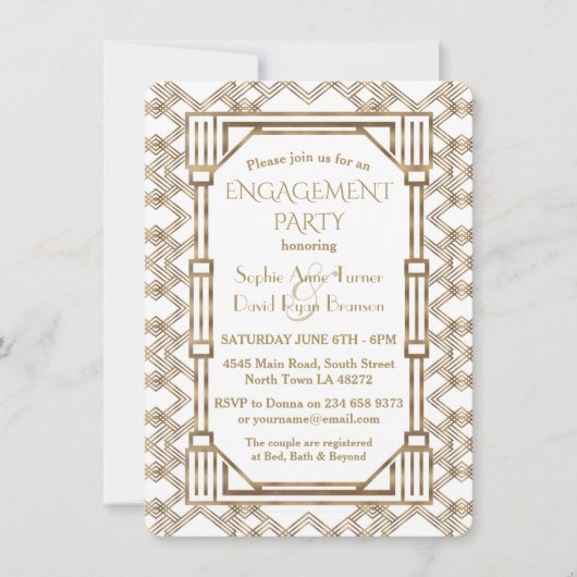 Glam White Gold Great Gatsby Engagement Party Kaart (Voorkant)