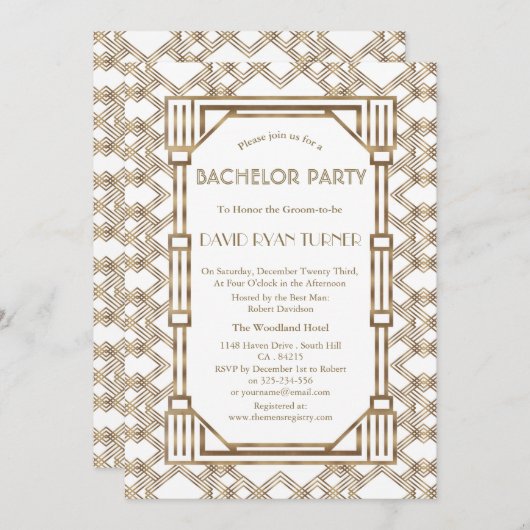 Glam White Gold Great Gatsby Jaren 20 Bachelorfees Kaart (Voorkant / Achterkant)