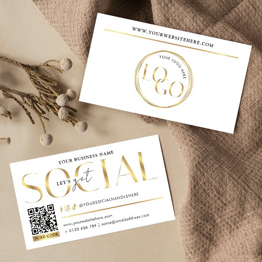 Glam White & Gold Let's Get Social Media QR Code Visitekaartje