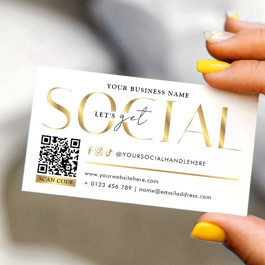 Glam White & Gold Let's Get Social Media QR Code Visitekaartje