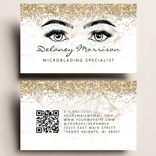 Glam White Gold Marble Eyes QR Code Microblading Visitekaartje