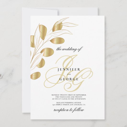 Glam white gold monogram initiaal florale bruiloft kaart (Voorkant)