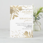 Glam white gold typography confetti floral Weddens Kaart (Staand voorkant)