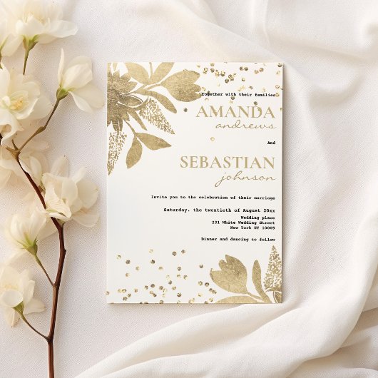 Glam white gold typography confetti floral Weddens Kaart