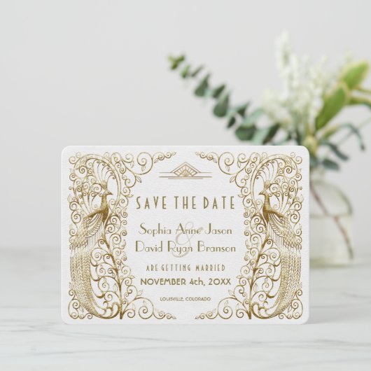 Glam White Goud Art Deco Pauw Save The Date (Staand voorkant)