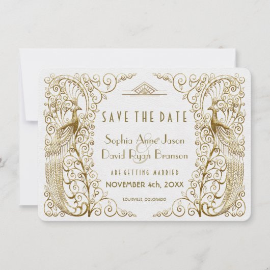 Glam White Goud Art Deco Pauw Save The Date (Voorkant)