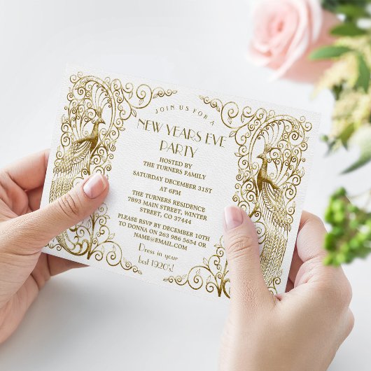 Glam White Goud Art Deco Pauwen Oud en Nieuw Kaart