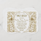 Glam White Goud Art Deco Pauwen Sweet Sixteen Kaart (Voorkant / Achterkant)
