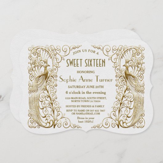 Glam White Goud Art Deco Pauwen Sweet Sixteen Kaart (Voorkant / Achterkant)