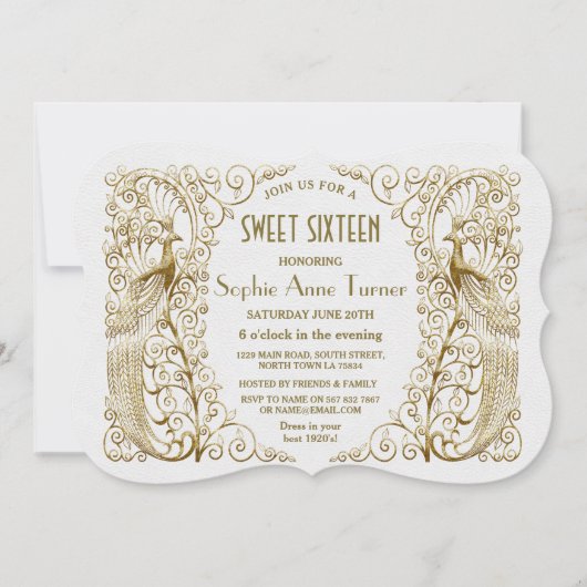 Glam White Goud Art Deco Pauwen Sweet Sixteen Kaart (Voorkant)
