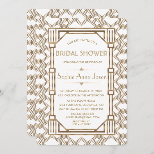 Glam White Goud Great Gatsby Bruidsdouche Kaart (Voorkant / Achterkant)