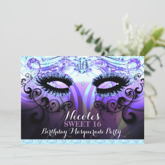 Glam Wimpers Paarse Masquerade Party Uitnodigingen (Staand voorkant)