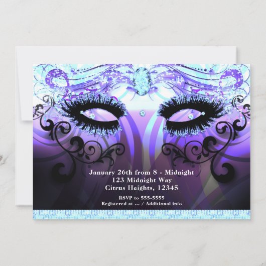 Glam Wimpers Paarse Masquerade Party Uitnodigingen (Achterkant)