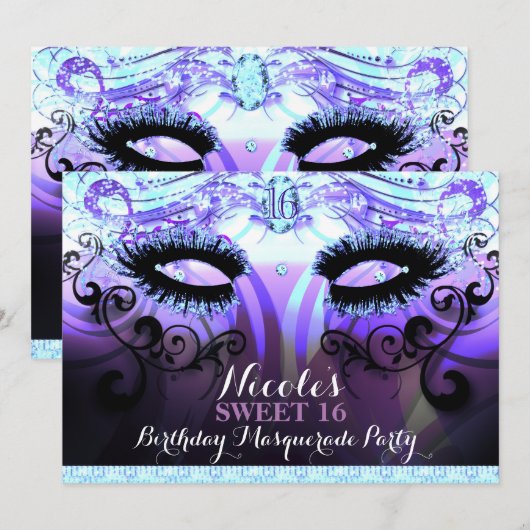 Glam Wimpers Paarse Masquerade Party Uitnodigingen (Voorkant / Achterkant)