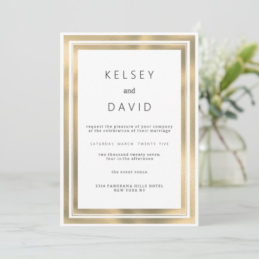 Glam wit goud geometrisch lijst elegante bruiloft kaart (Staand voorkant)